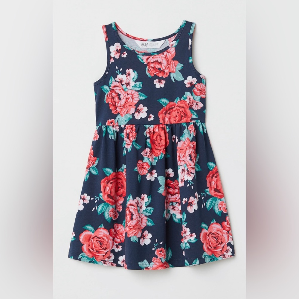 H&M Girls Tank Dress Navy Blue And Red Floral Knee Length Size 6-8Y